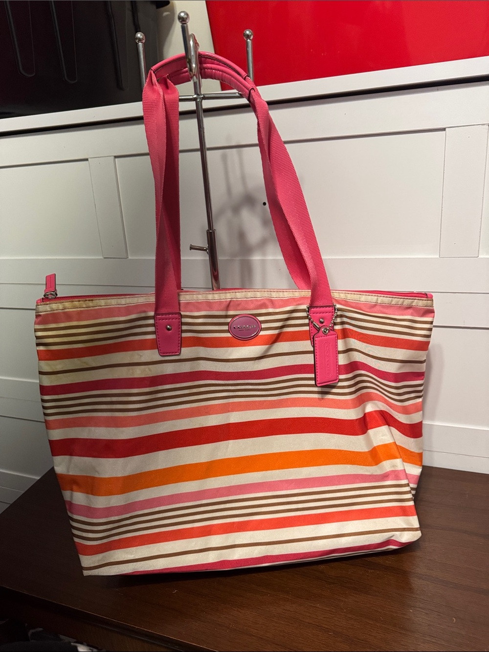 Coach Pink and Orange Striped Canvas Tote